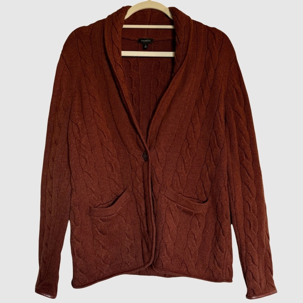 Talbots Cable Knit Cardigan with Faux Leather Trim Size Small